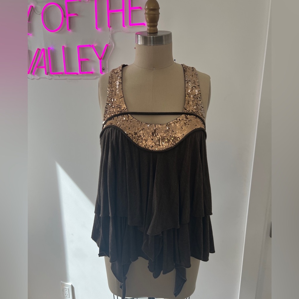 sass & bide Brown and Gold Sequin Top
